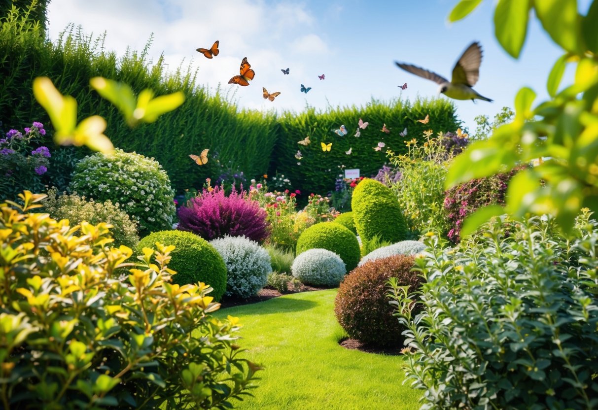 A lush garden filled with colorful low-maintenance shrubs, surrounded by fluttering butterflies and chirping birds