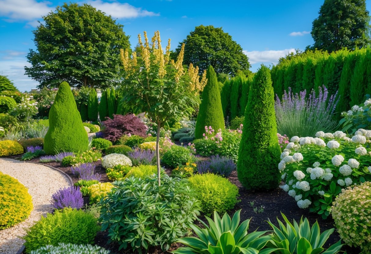 A lush garden with various perennial shrubs in full bloom, surrounded by a well-maintained landscape and clear blue skies