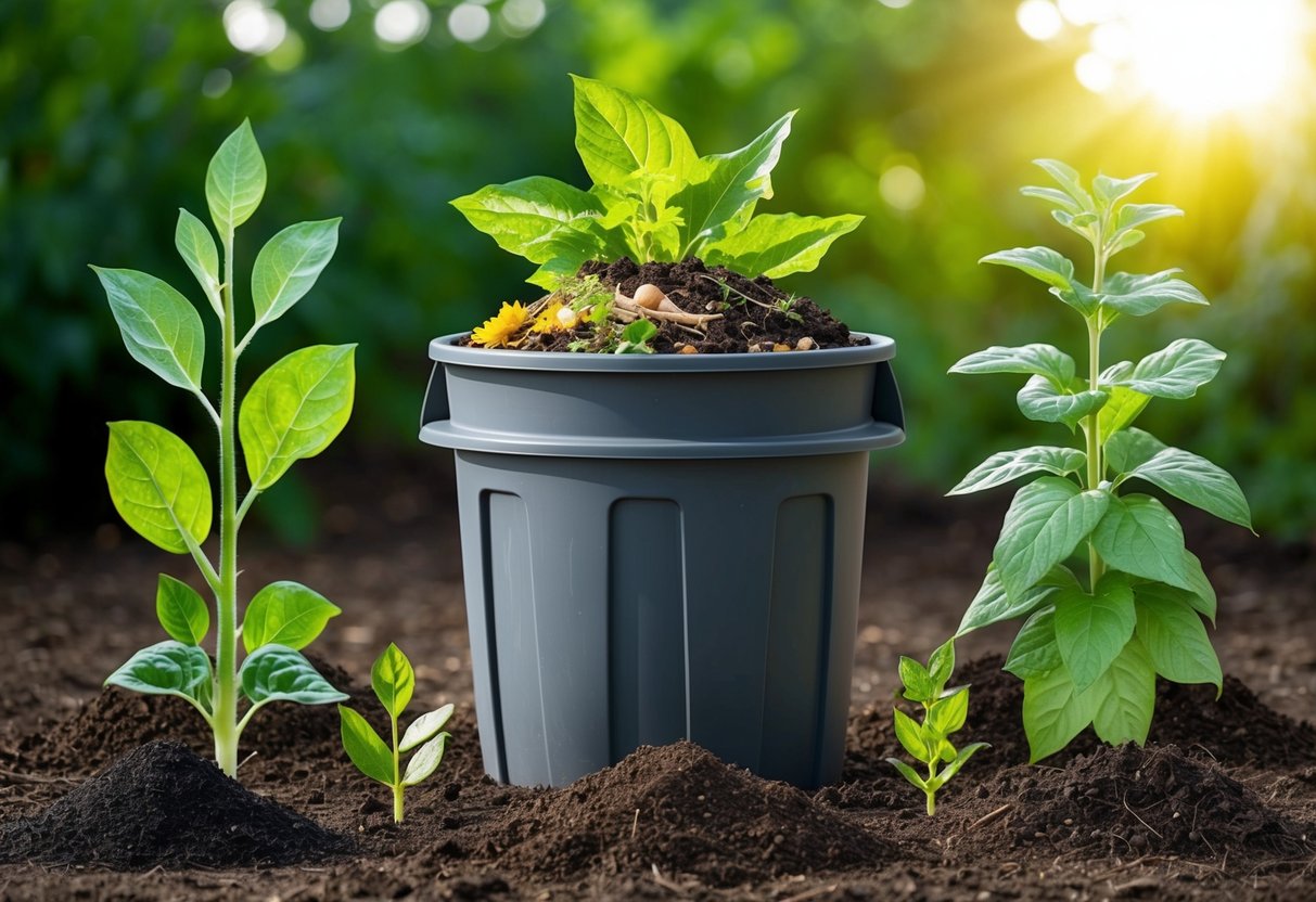 A compost bin with decomposing plant material and soil, surrounded by various stages of plant growth, illustrating the soil life cycle