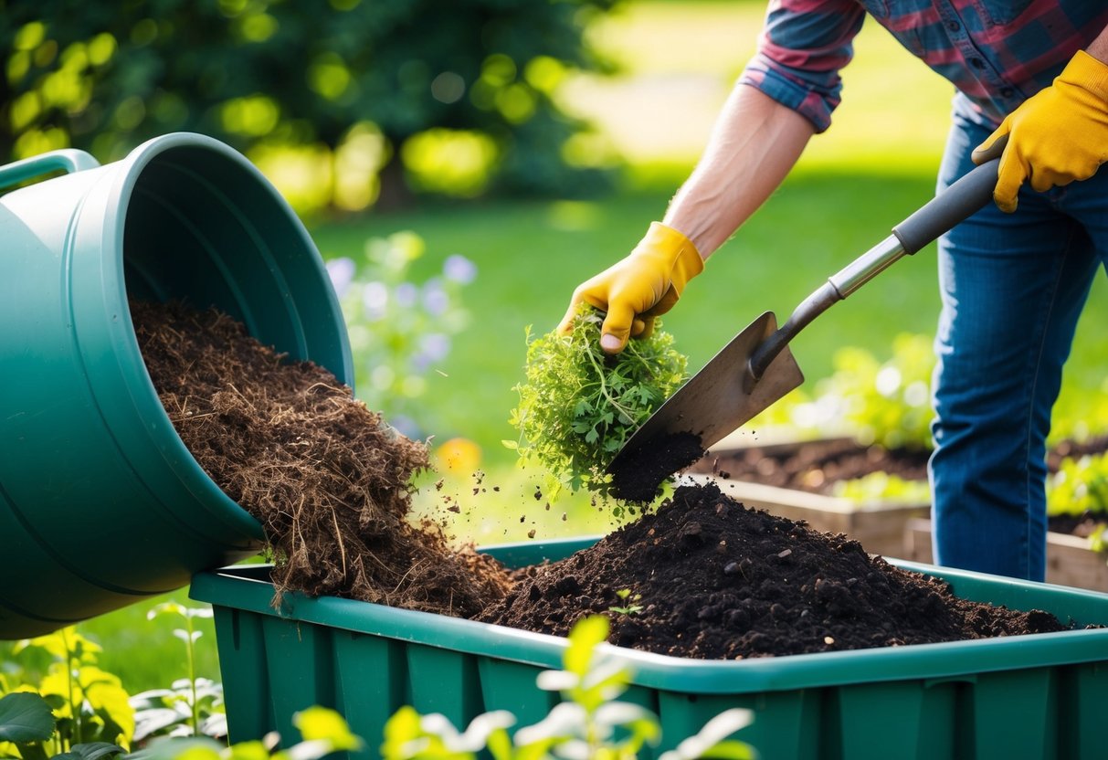 A gardener pouring old soil from dead plants into a large container, adding fresh compost and mixing it together with a trowel