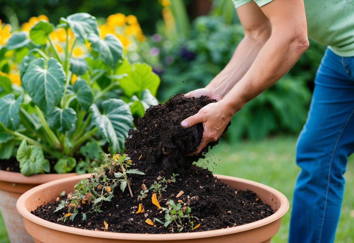 A gardener repurposes old soil from dead plants, mixing it with fresh compost in a large pot