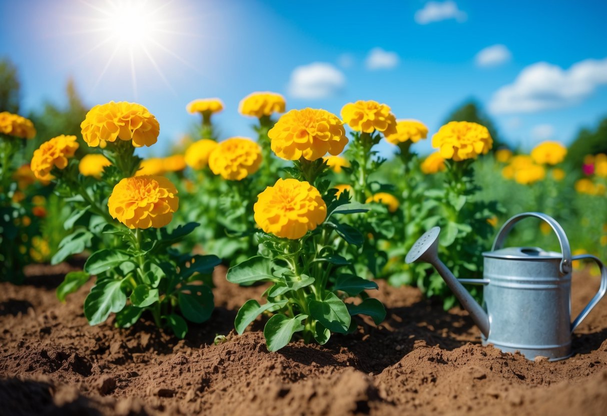 A garden scene with marigold plants in full bloom, surrounded by rich soil, watering can nearby, and bright sunlight overhead