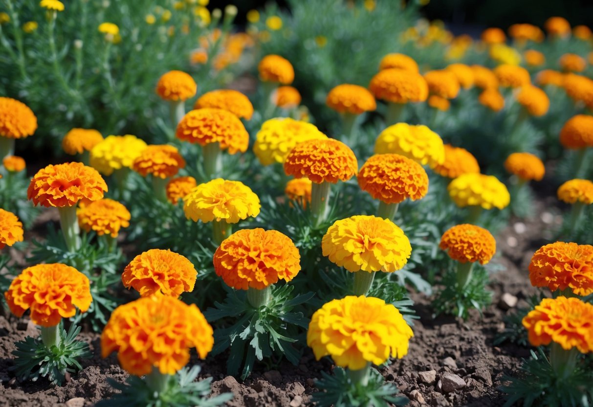 Vibrant marigolds in full bloom, surrounded by rich, well-drained soil, receiving ample sunlight and regular watering