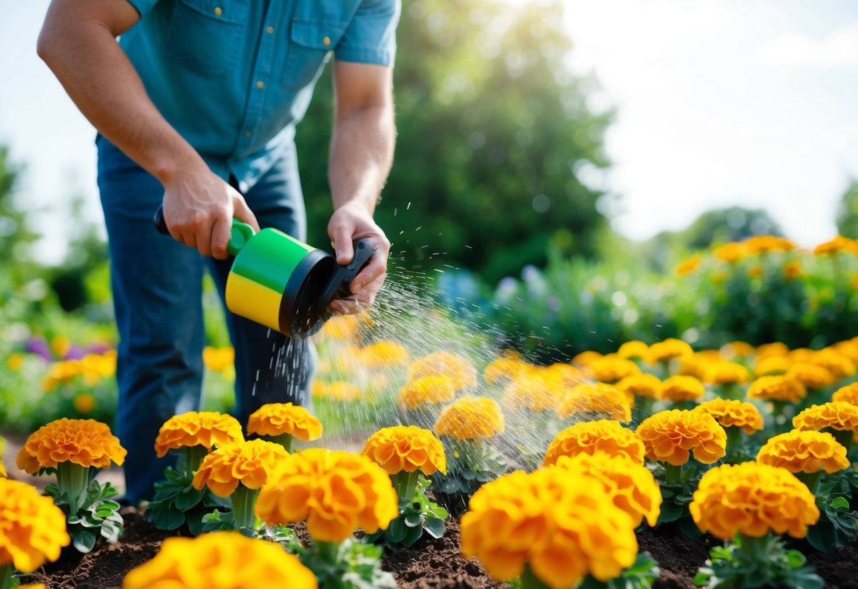 A gardener sprinkles fertilizer around a bed of blooming marigolds under the bright summer sun