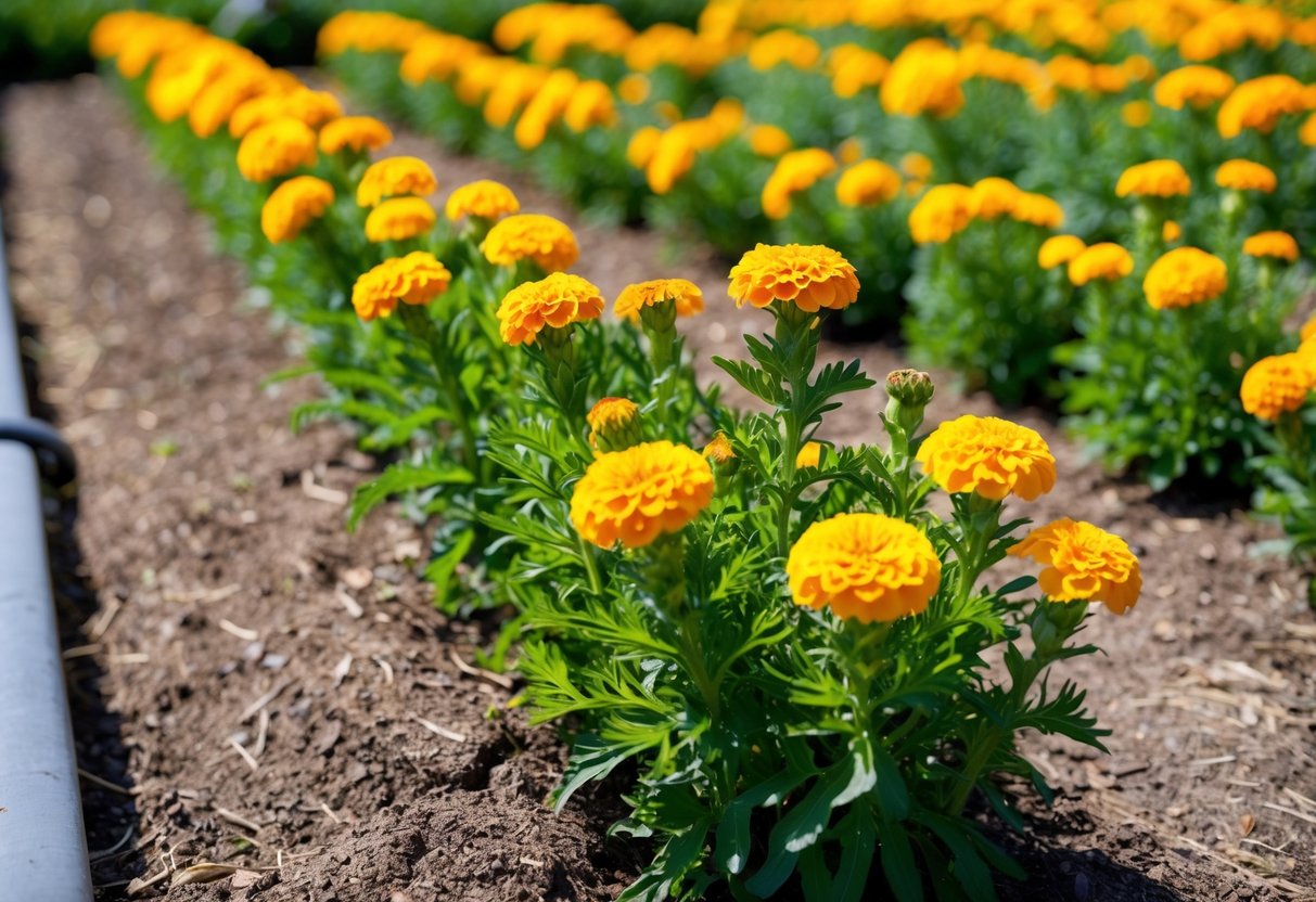 A sunny garden with rows of vibrant marigold flowers in full bloom, surrounded by well-mulched soil and receiving regular watering and fertilization