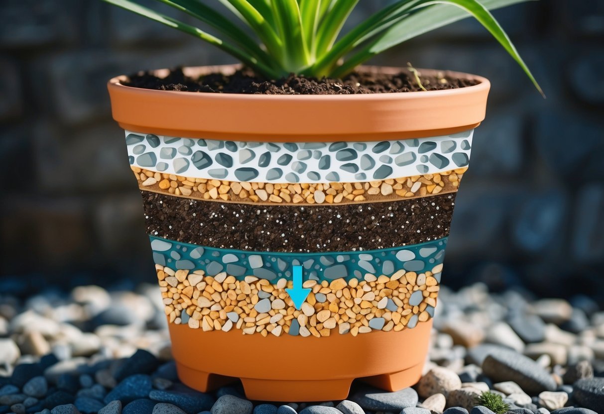 A plant pot with layers of soil, gravel, and stones, with a clear illustration of water drainage