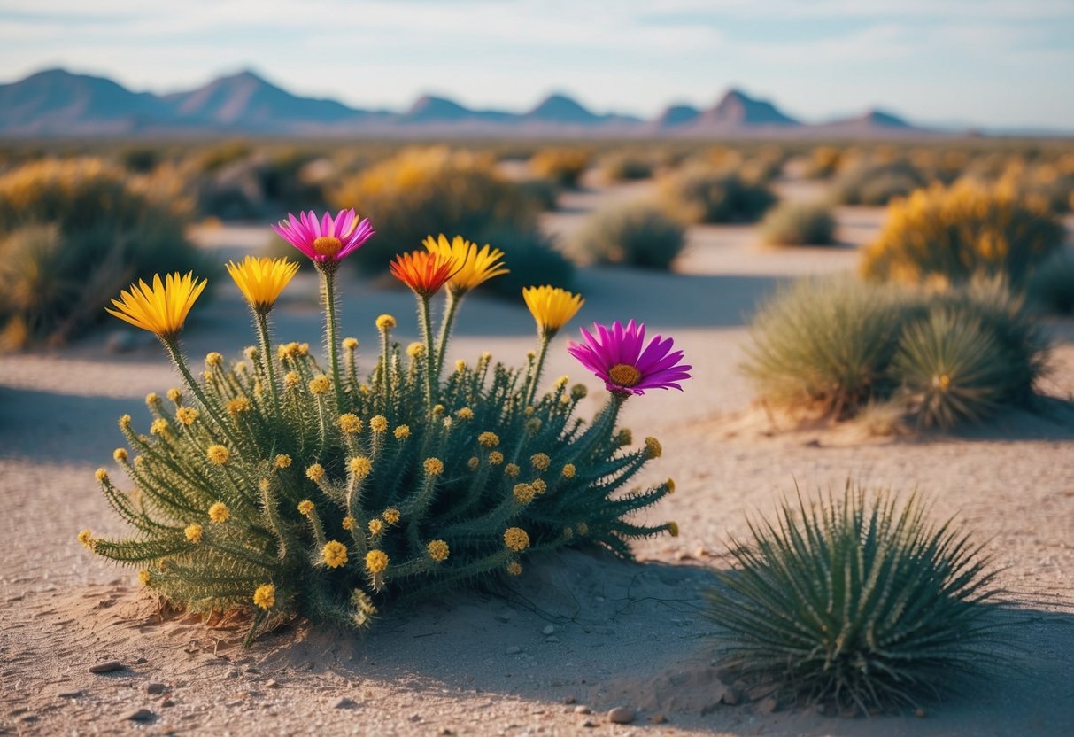 A desert landscape with colorful, low-water flowers thriving in the arid environment