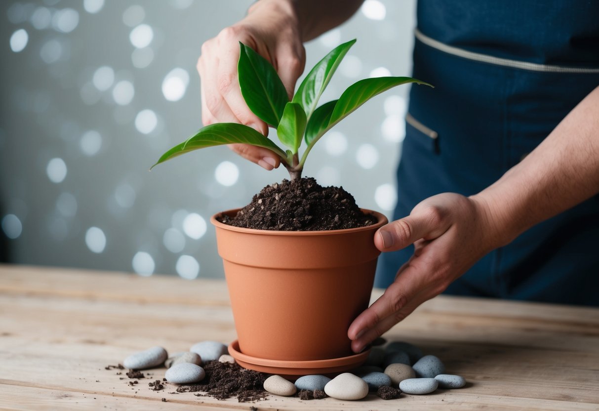 A hand holding a plant pot with stones at the bottom, soil being added, and a healthy plant being placed inside