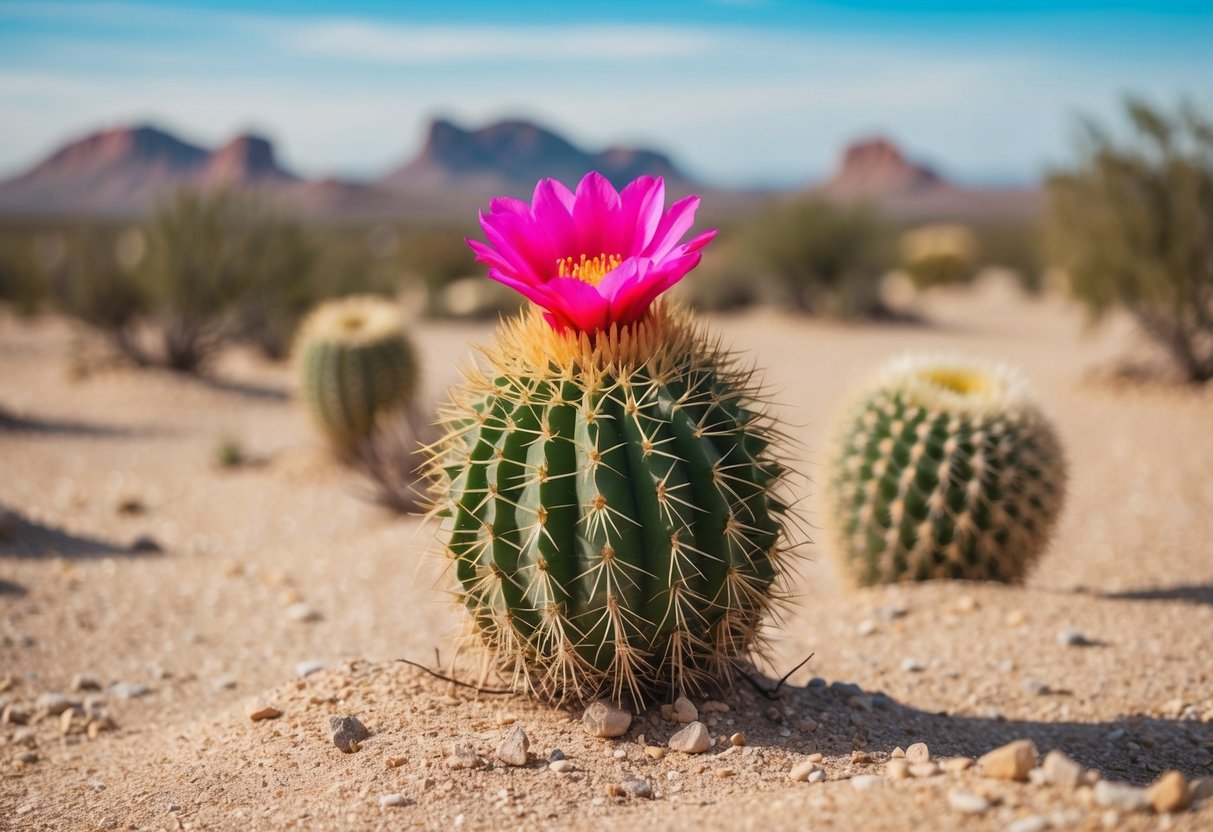 A desert landscape with a single vibrant cactus flower blooming amidst dry, sandy soil