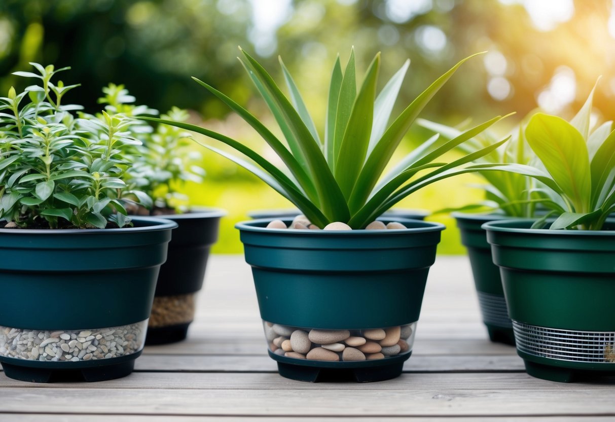 A series of plant pots with various levels of drainage, some with stones at the bottom, others with alternative methods like gravel or mesh