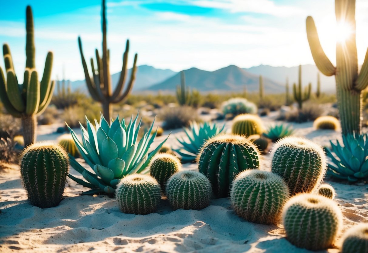 A variety of succulents and cacti in a desert landscape, with dry, sandy soil and a bright, hot sun overhead