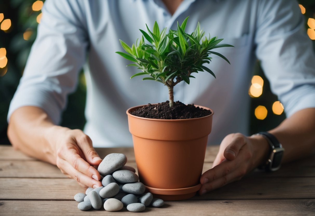 A person holding a plant pot and a pile of stones, pondering whether to place them in the bottom of the pot