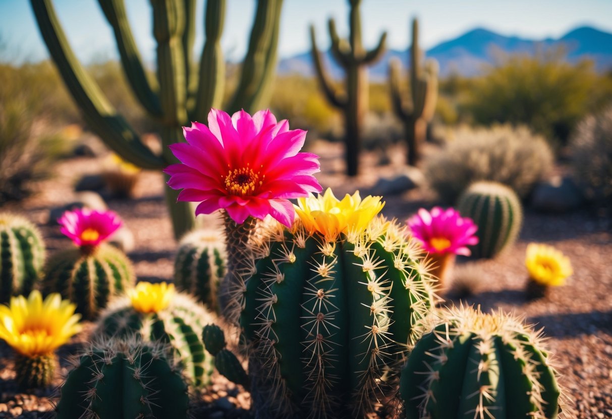 A vibrant desert landscape showcasing a blooming cactus garden, with a focus on a colorful, drought-resistant flower. Various wildlife are drawn to the vibrant flora