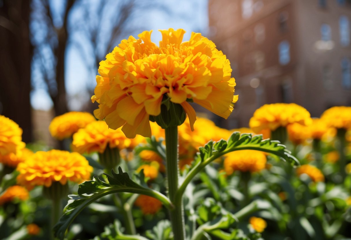 A vibrant marigold flower blooming under the warm sun of April