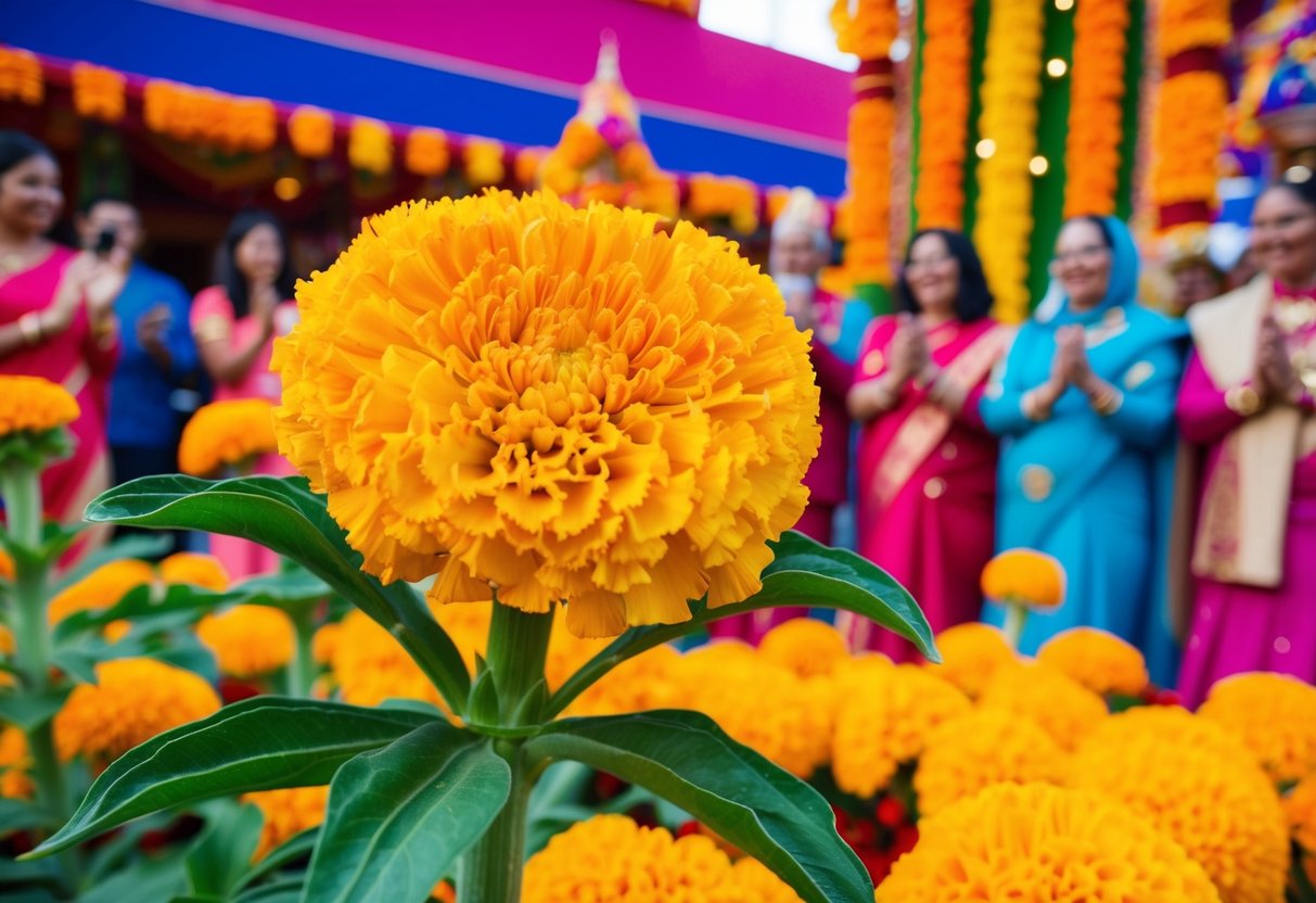 A vibrant marigold flower blooms in a colorful festival setting, surrounded by traditional decorations and joyful celebrants