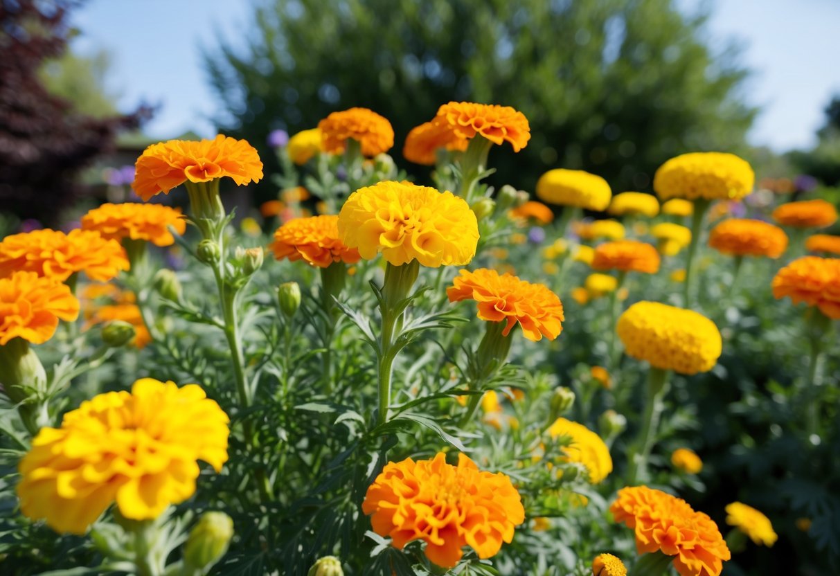 A sunny garden with orange and yellow marigold flowers blooming in the summer month of July