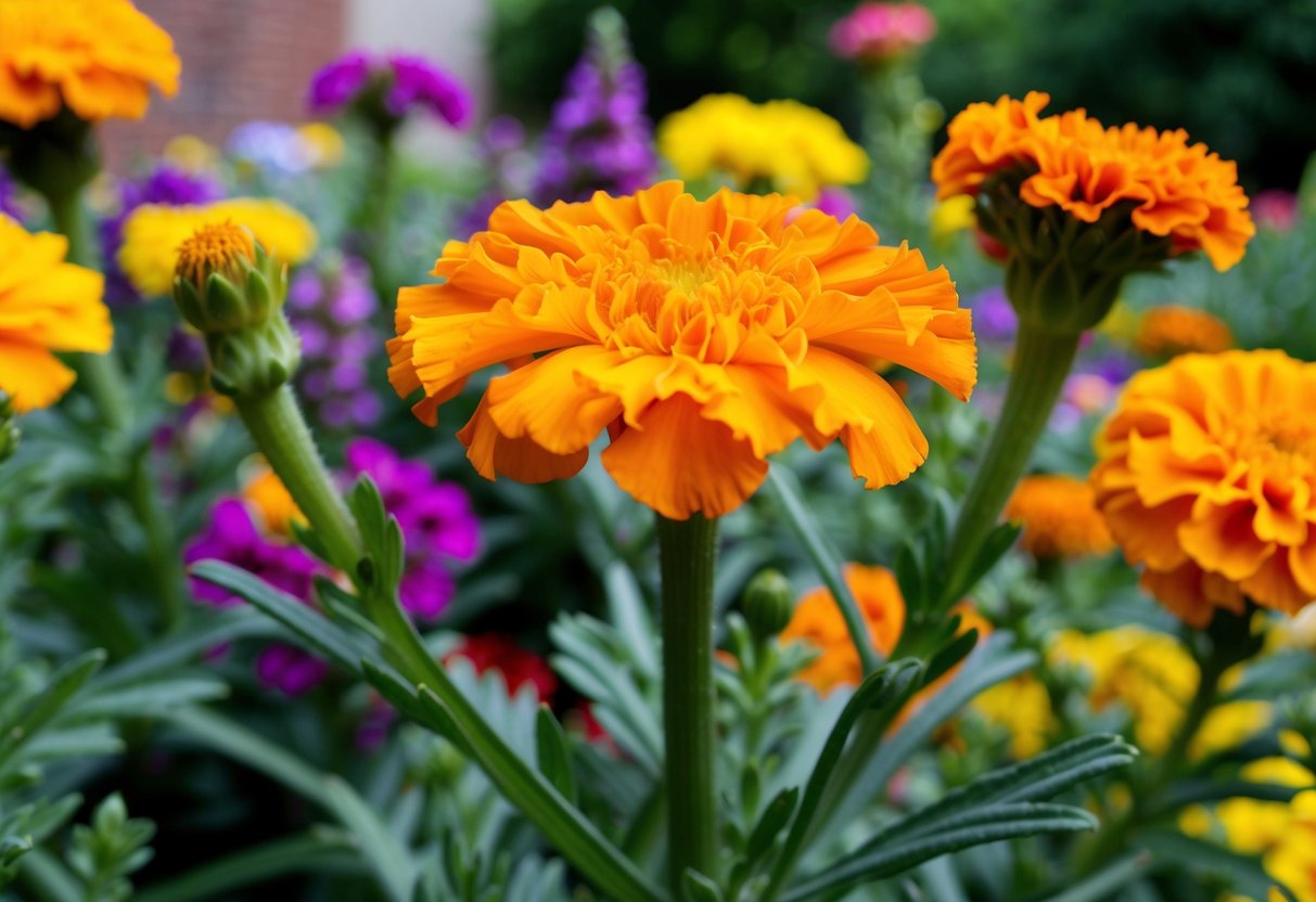 A vibrant marigold flower blooming in a lush garden, surrounded by other colorful flowers and green foliage