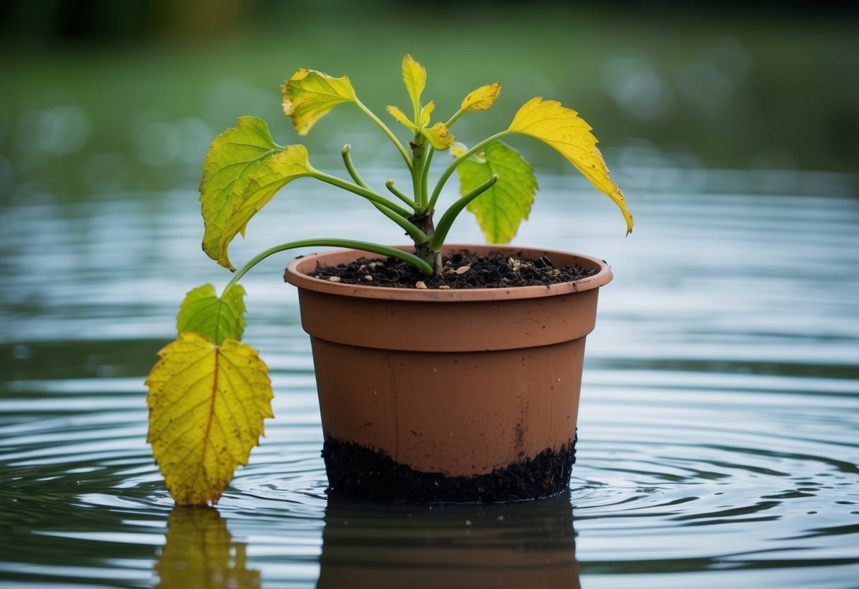 A wilted plant in a waterlogged pot, with soggy soil and yellowing leaves