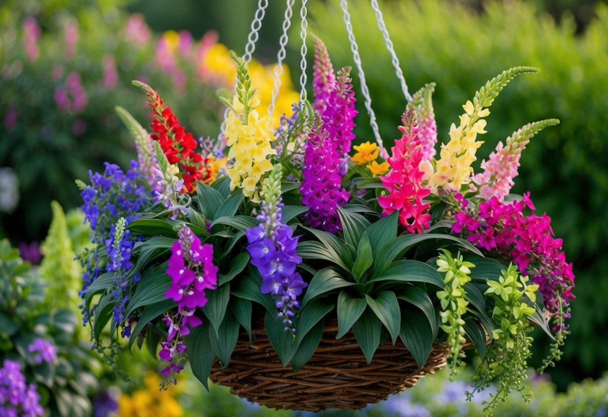 A vibrant hanging basket overflowing with various lobelia varieties in full bloom, creating a colorful and lush display