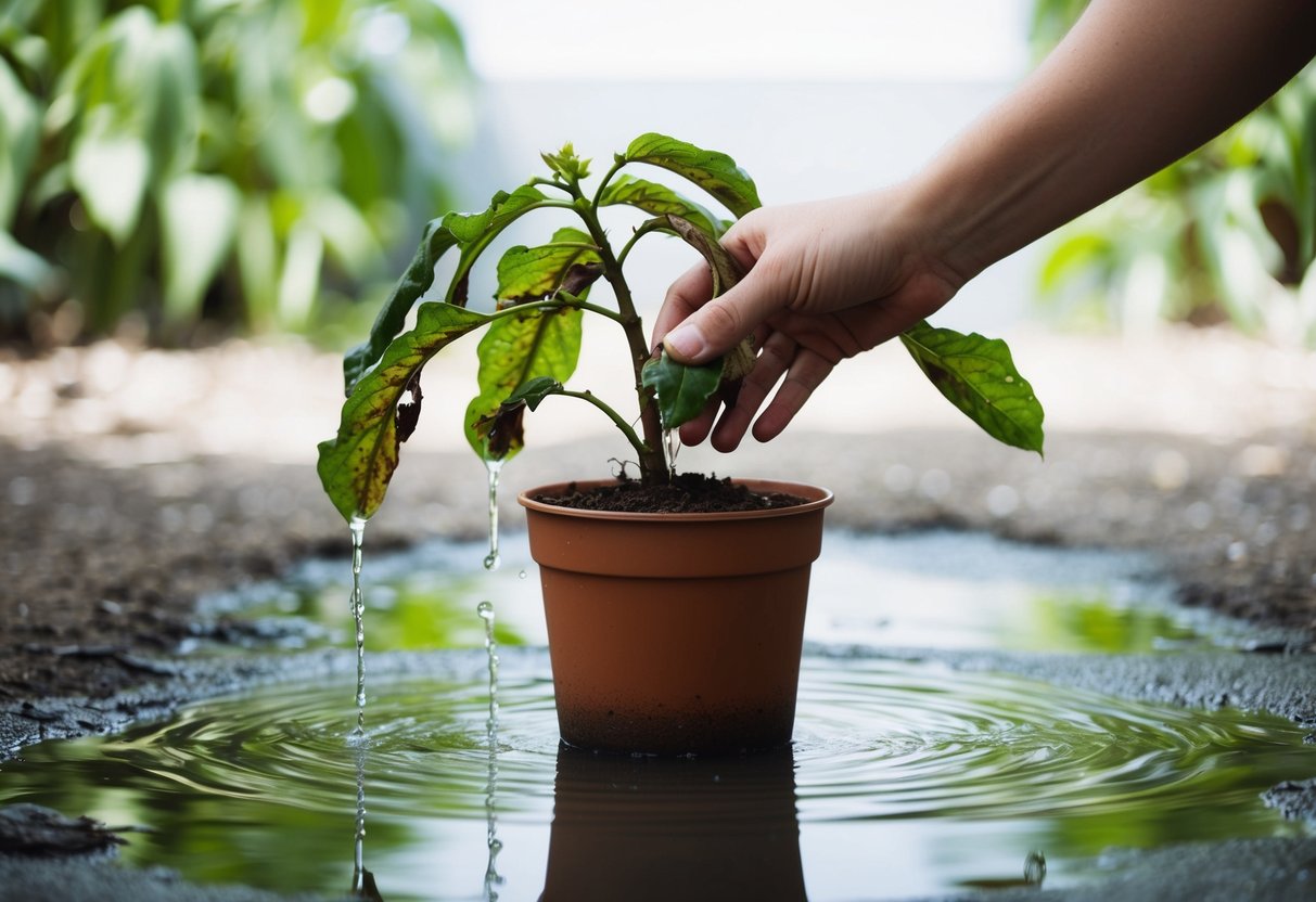 A potted plant sits in a puddle of water, wilted leaves and saturated soil. A hand reaches in to remove excess water