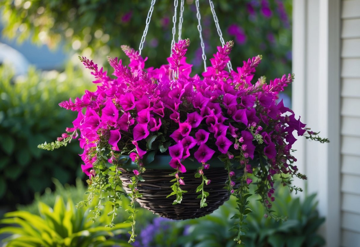 A hanging basket filled with vibrant lobelia cascading over the edges, creating a lush and colorful display