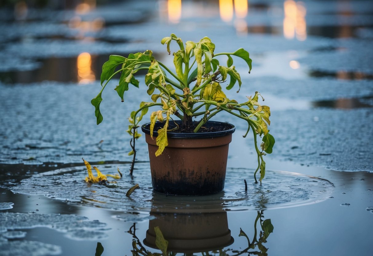 A wilted plant in a waterlogged pot, surrounded by puddles