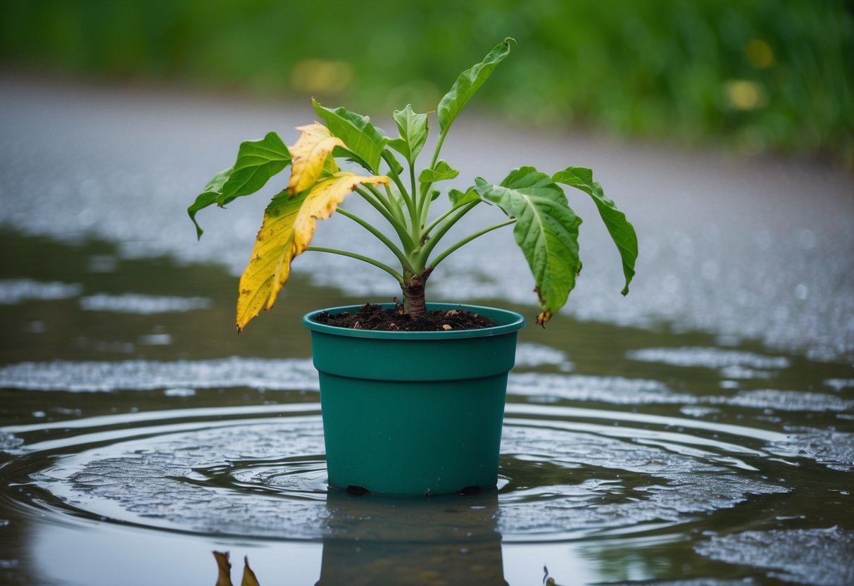 A potted plant sits in a puddle of water, wilting leaves and saturated soil