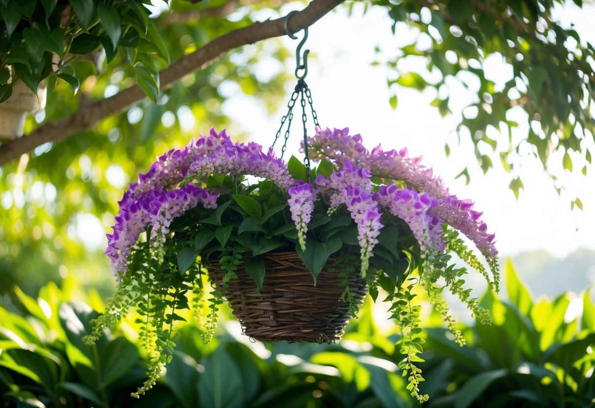 A hanging basket filled with lobelia flowers, suspended from a hook, bathed in dappled sunlight with a backdrop of green foliage