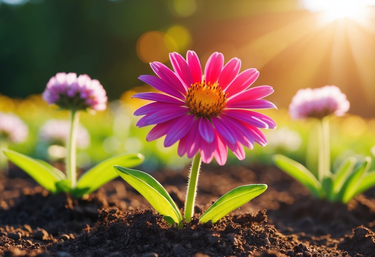 A vibrant perennial flower bursting through the soil, growing rapidly towards the warm sunlight