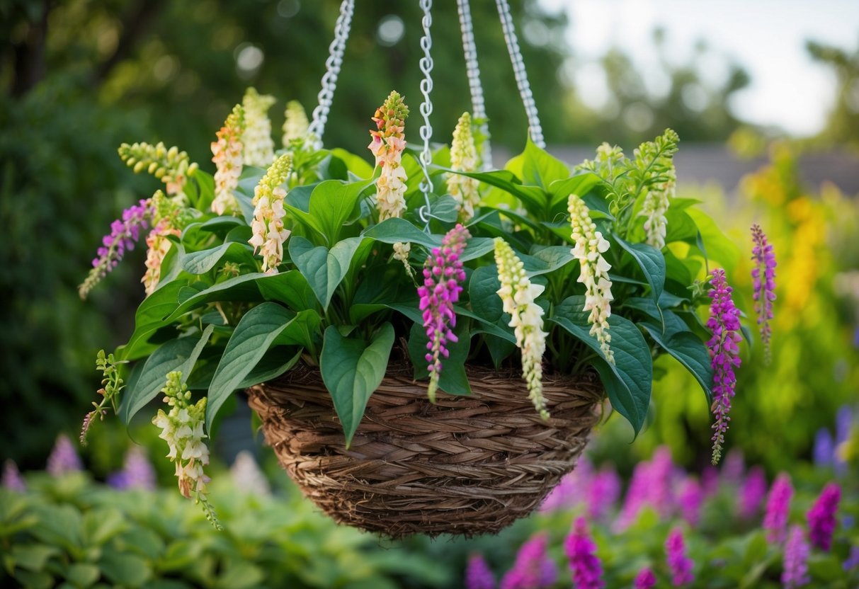 A hanging basket filled with lobelia plants, some showing signs of pests and diseases, others in need of general maintenance