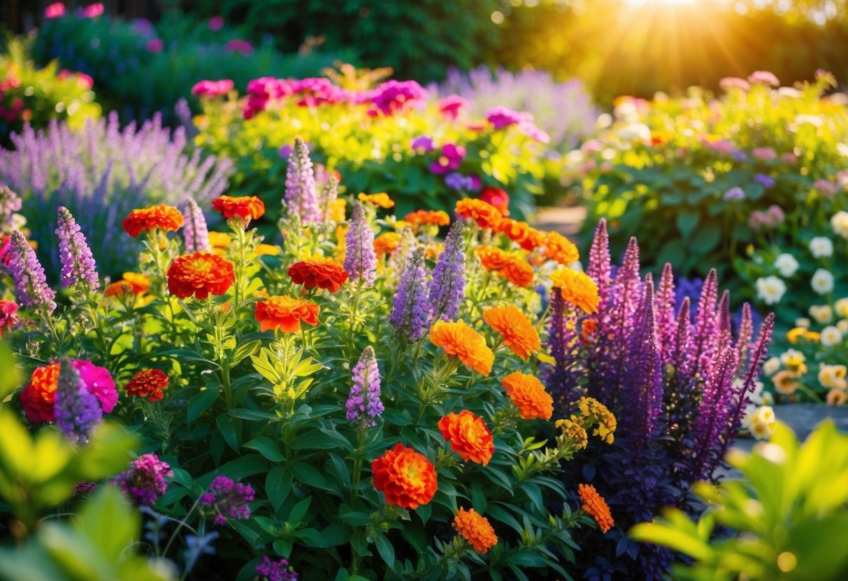 A vibrant garden bursting with colorful perennial flowers in full bloom, surrounded by lush greenery and bathed in warm sunlight