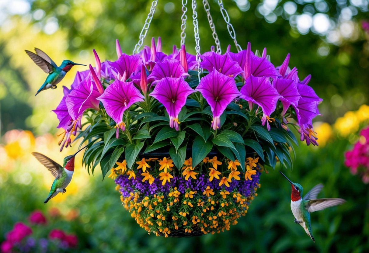 A vibrant hanging basket filled with lobelia flowers attracts a variety of wildlife, including butterflies and hummingbirds