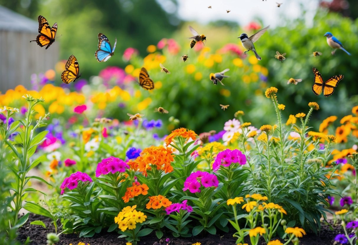 A vibrant garden bed bursting with colorful, fast-growing perennial flowers, surrounded by fluttering butterflies, buzzing bees, and chirping songbirds