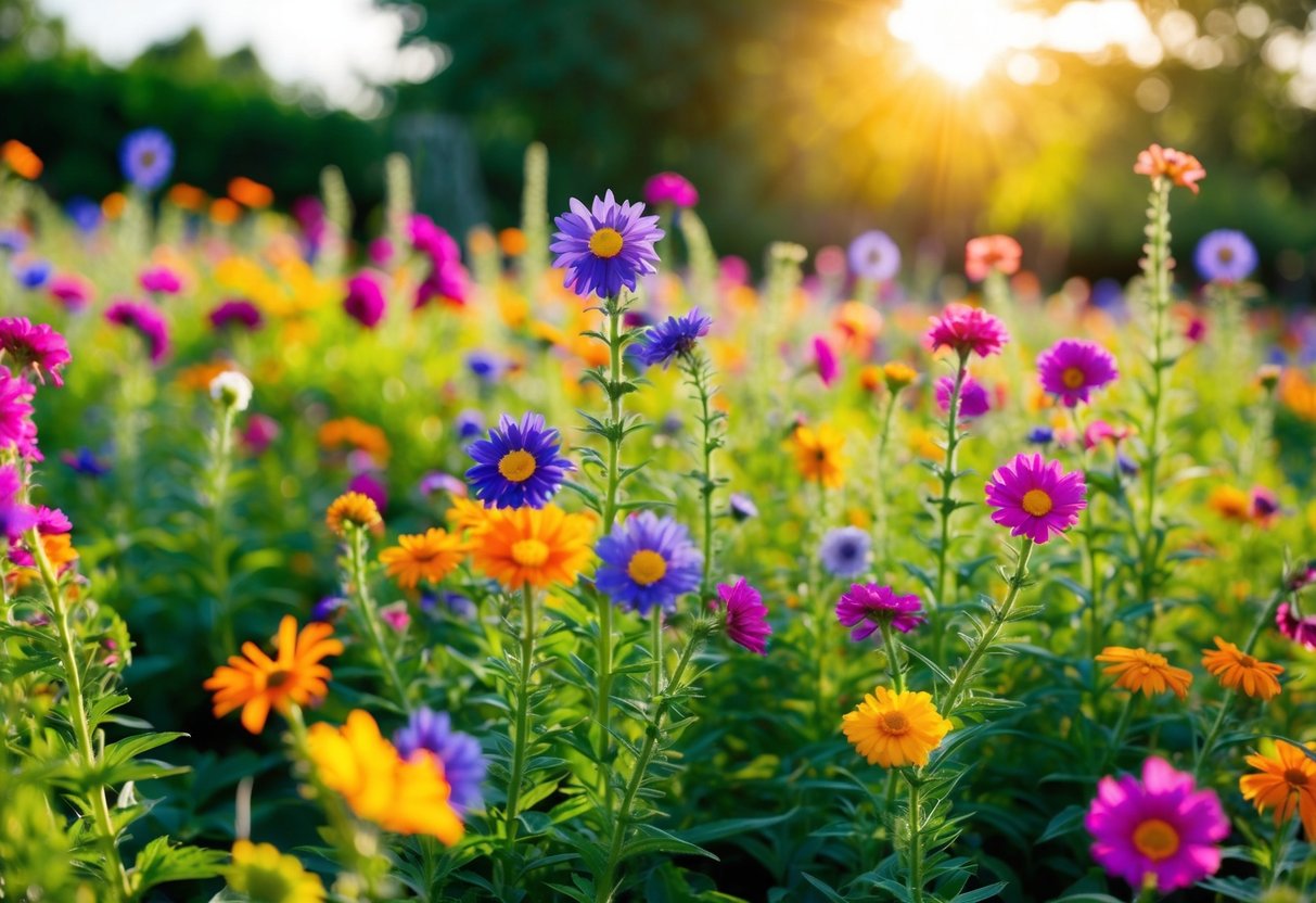 A vibrant garden bursting with colorful perennial flowers reaching towards the sun, their stems growing rapidly in all directions