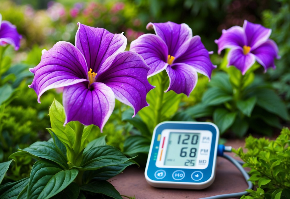 A vibrant illustration of lobelia flowers in a garden, with detailed petals and leaves. A blood pressure monitor sits nearby, indicating elevated levels