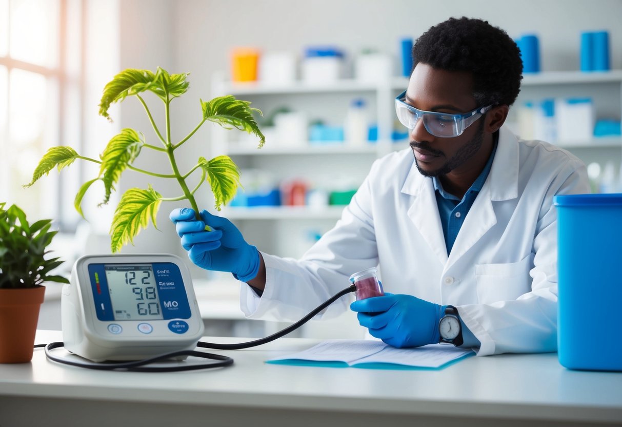 A scientist in a lab, examining lobelia plant samples and blood pressure monitoring equipment