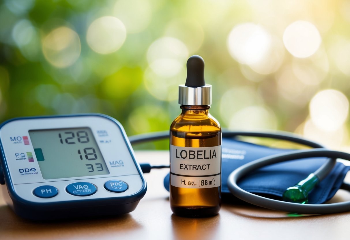 A bottle of lobelia extract with a dosage dropper next to a blood pressure monitor