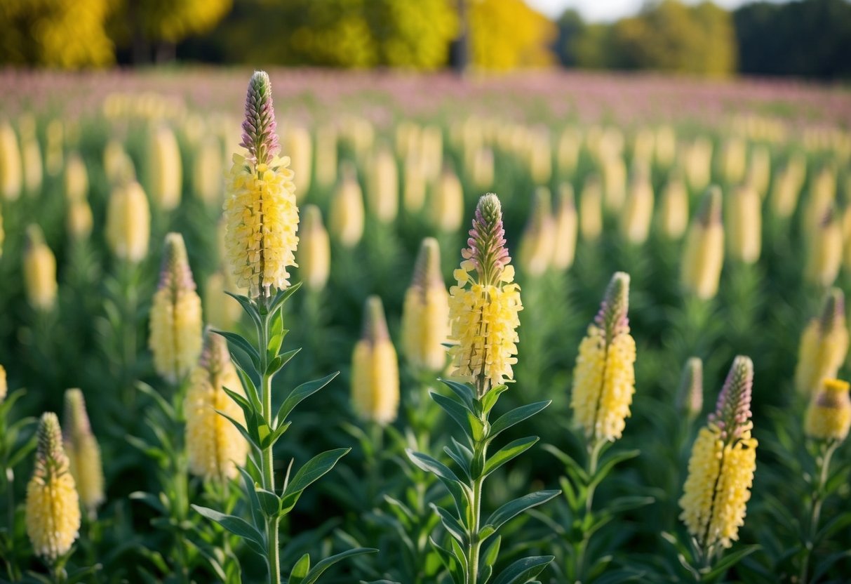 A field of everlasting flowers in full bloom, standing tall and vibrant against the changing seasons