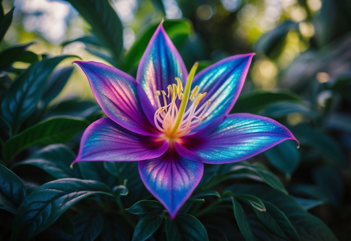 A vibrant, otherworldly flower with iridescent petals and glowing stamen, surrounded by lush, ethereal foliage