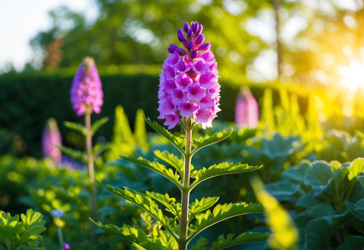 A vibrant, blooming perennial flower stands tall in a well-tended garden, surrounded by lush green foliage and bathed in warm sunlight