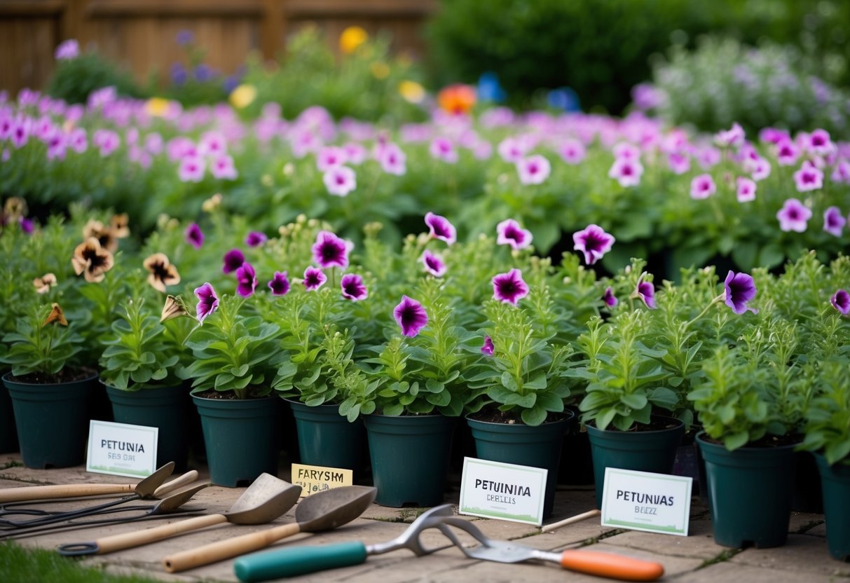 A garden with rows of petunias in bloom, some with wilted flowers and others with new buds, surrounded by plant labels and gardening tools