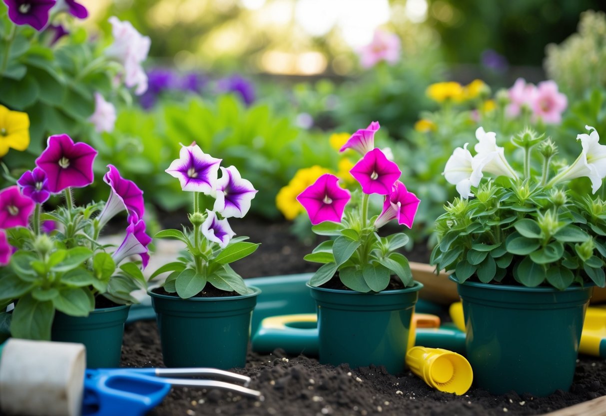 A garden with petunias in various stages of growth, from seedlings to blooming flowers, surrounded by gardening tools and soil