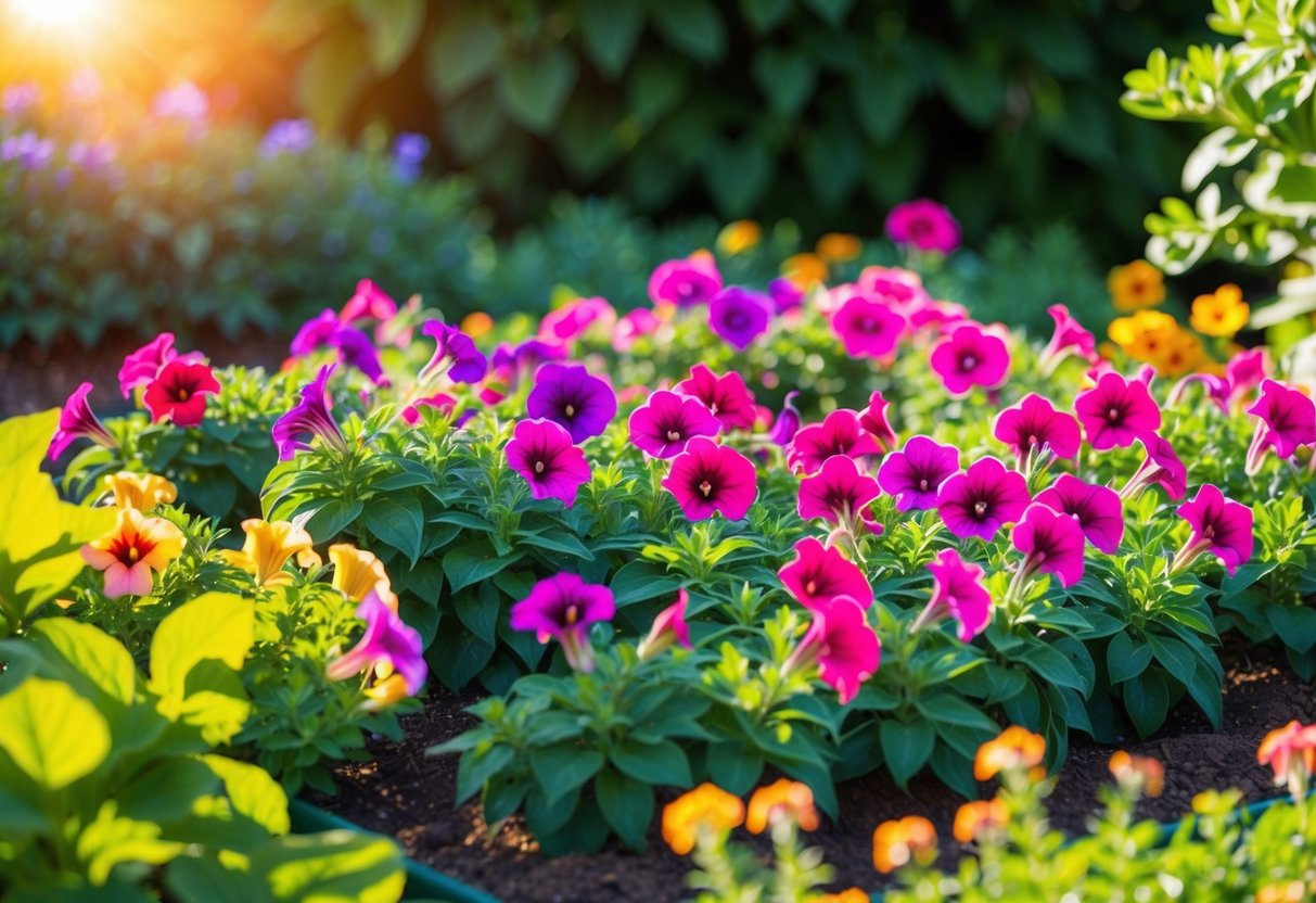 A colorful garden bed filled with vibrant petunias in full bloom, surrounded by lush green foliage and bathed in warm sunlight