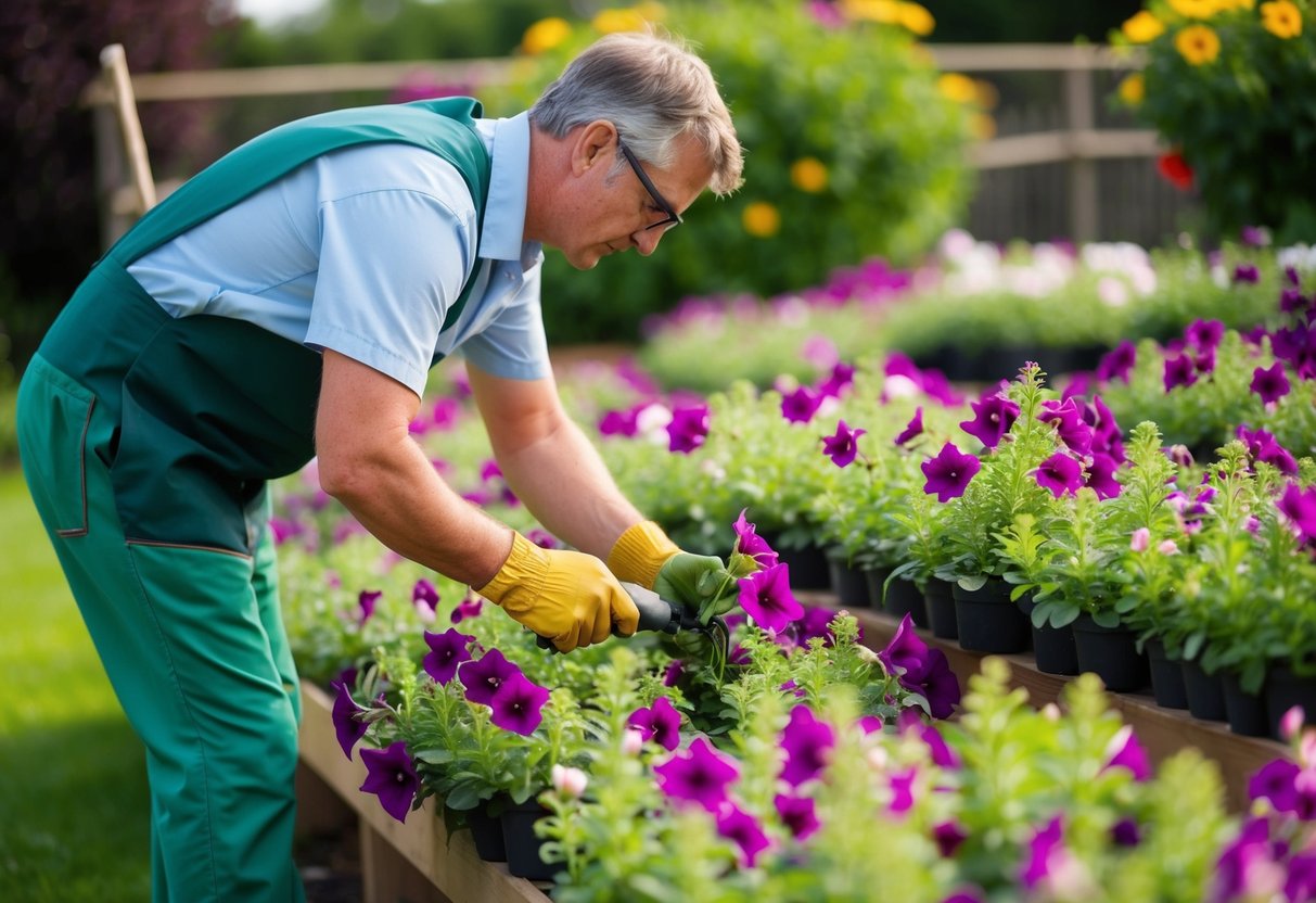 A gardener carefully tends to a vibrant bed of petunias, ensuring they receive proper care and attention