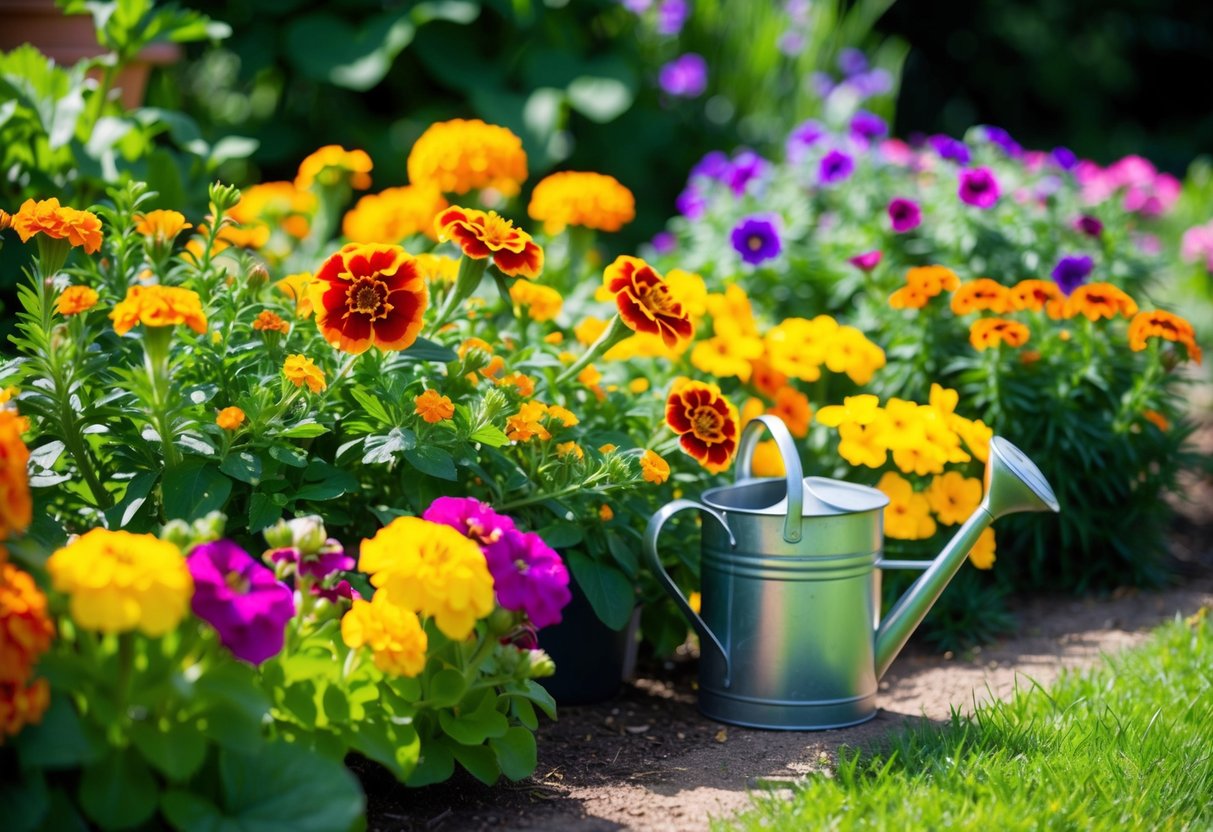 A vibrant garden with blooming marigolds, petunias, and zinnias in full sun, surrounded by lush green foliage and a watering can nearby