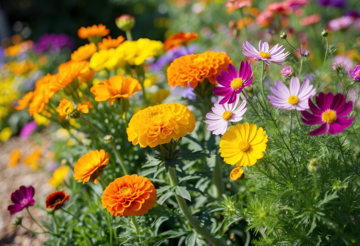 A variety of colorful, low-maintenance flowers bloom in a sun-drenched garden, including vibrant marigolds, cheerful zinnias, and delicate cosmos