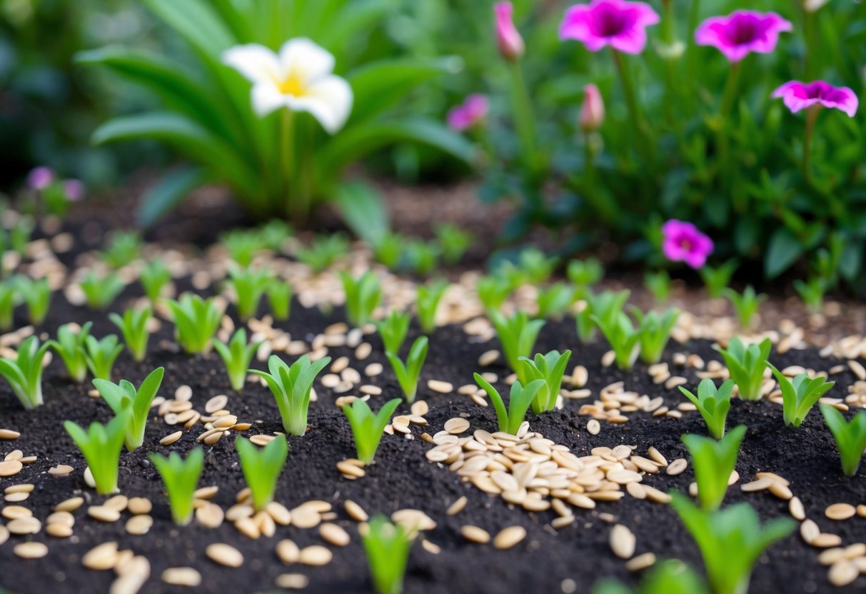 Lobelia seeds scattered across a garden bed, surrounded by small green sprouts and mature flowering plants