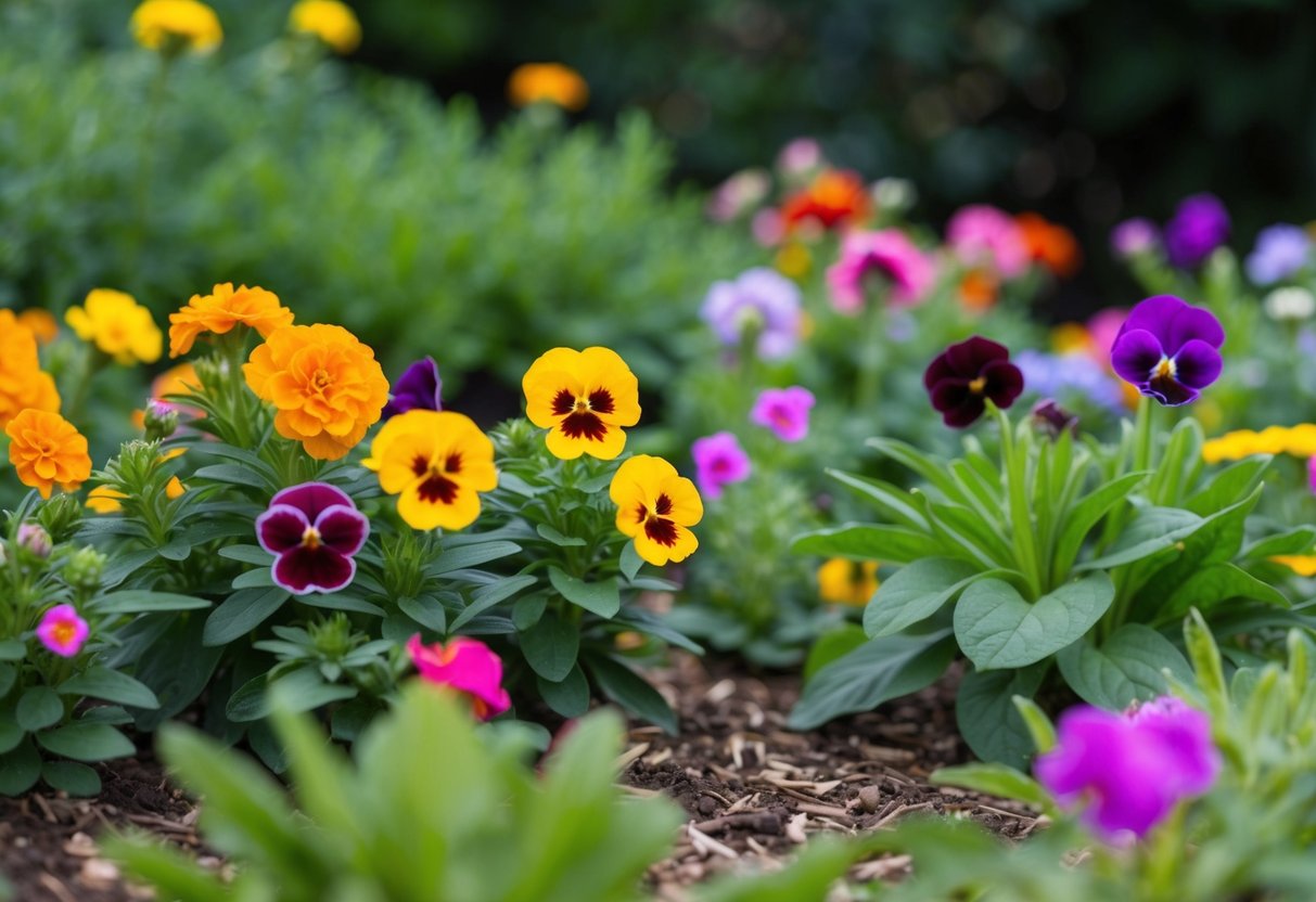 A small garden with colorful, low-maintenance flowers like marigolds, pansies, or petunias in full bloom, surrounded by lush greenery