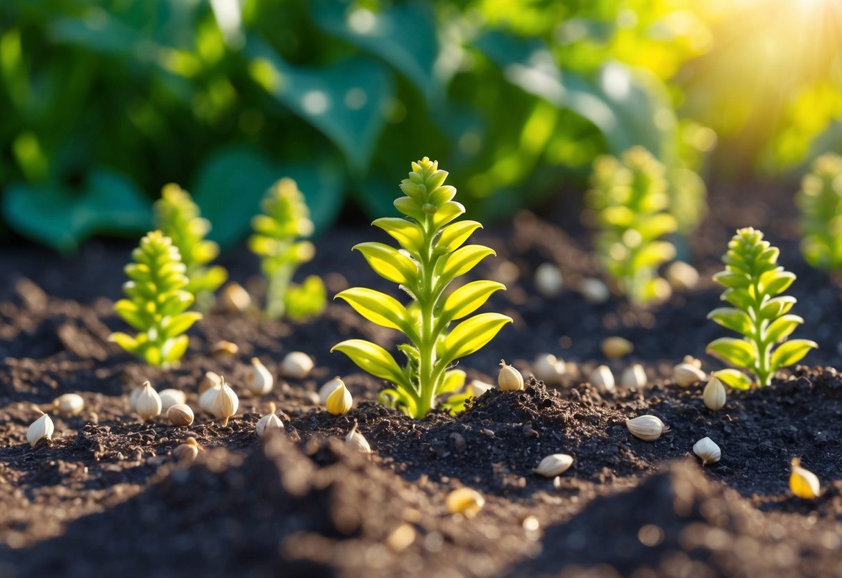 Lobelia seeds scatter across a garden bed, some nestled in the soil while others rest on the surface. Sunlight illuminates the delicate, tiny seeds