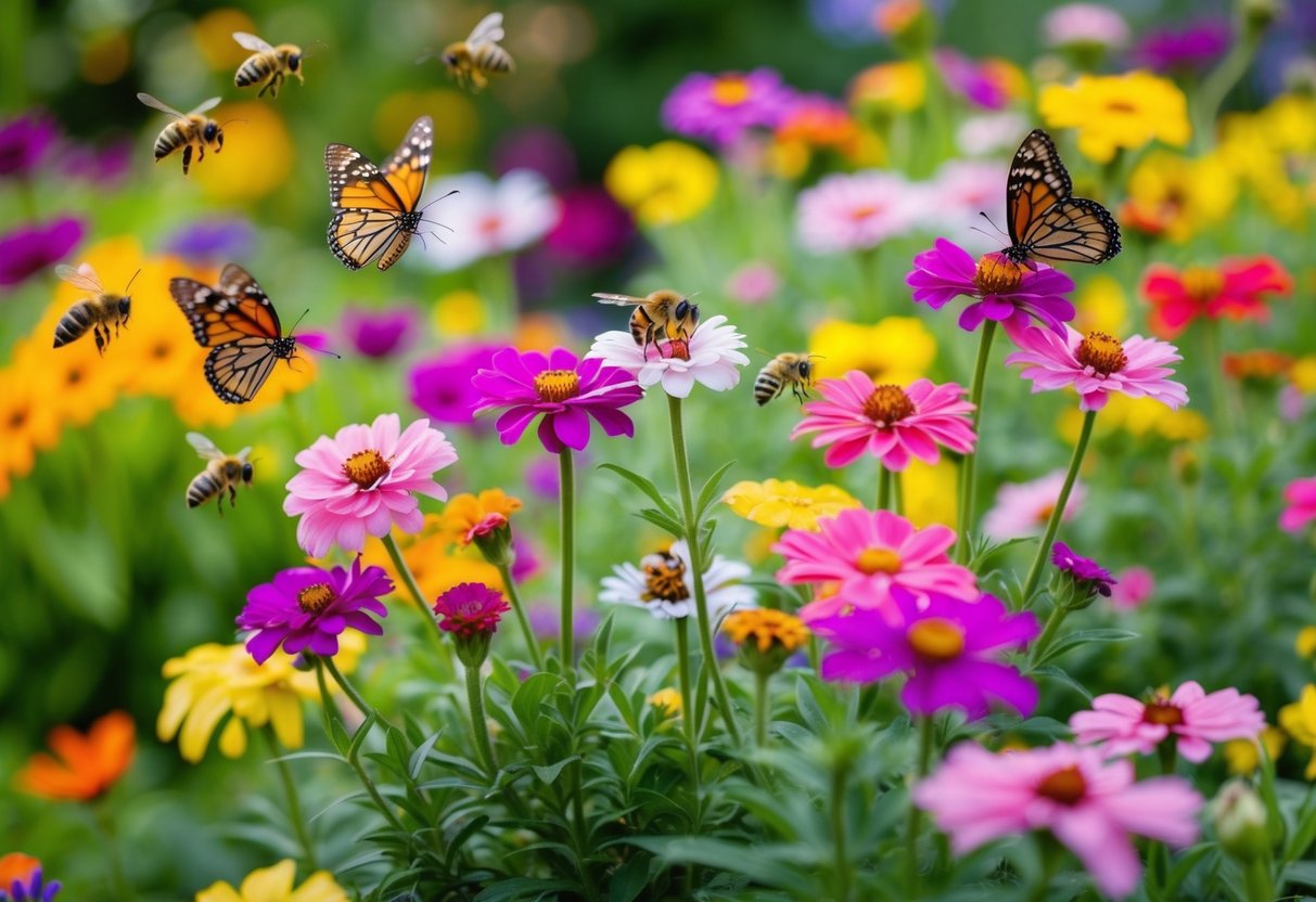 A vibrant garden with colorful blooms, buzzing bees, and fluttering butterflies surrounding the easiest flowers to grow